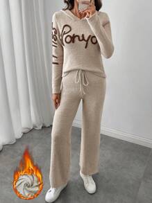 SHEIN LUNE 2 件套女士休闲撞色字母图案连帽衫和纯色裤子套装，秋冬 - 杏色 - 查看 1