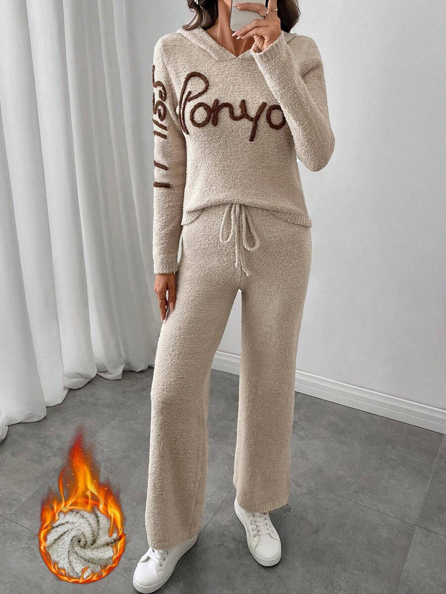 SHEIN LUNE 2 件套女士休闲撞色字母图案连帽衫和纯色裤子套装,秋冬 - 杏色 - 查看 1