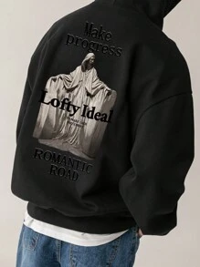 DAZY 男式黑色字母图案印花连帽运动衫，秋季 - 黑色 - 查看 8