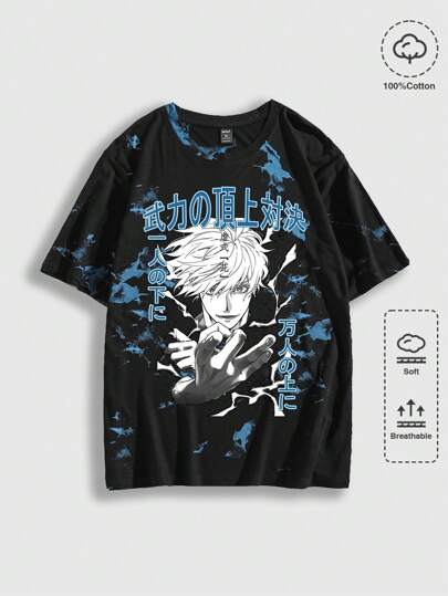 Anime Men's Summer Cartoon Character Print Crew Neck Short Sleeve Casual T-Shirt (Random Tie Dye Placement)