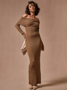 MUSERA Vestido de punto tipo bardot de caída maxi - Marrón - Ver 4