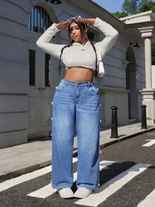 SHEIN EZwear 大码休闲洗水牛仔裤，带蝴蝶结装饰，宽松版型，适合秋季 - 藍色 - 查看 6