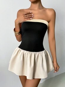 INAWLY Đầm Mini Không Dây Thanh Lịch Màu Sắc Mùa Hè Cho Nữ - Màu be - Xem 4