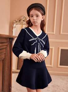 少女撞色镶边水手领 V 领优雅长袖连衣裙 - 藏蓝色 - 查看 3