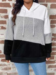 SHEIN LUNE Plus Size Color Block Hooded Drawstring Pocket Long Sleeve Sweatshirt