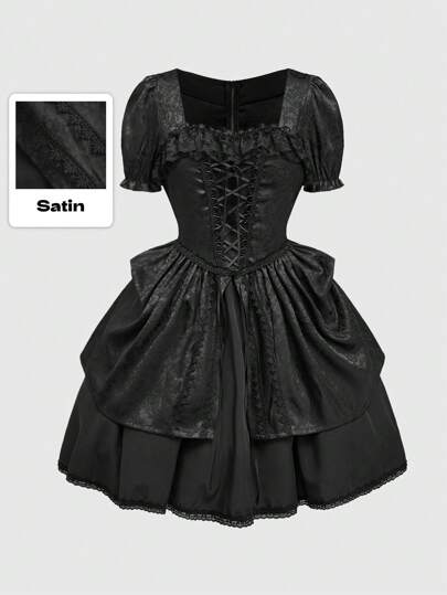Goth Elegant Gothic Vintage Ruffled Tied Design Waisted Women Party Dress, For New Year