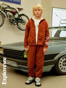 SHEIN 2 件套 青少年男孩羊毛字母印花拉链连帽夹克和裤子休闲装