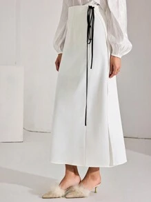 Modelyn 1 pieza Falda elegante blanca de mujer con cintura anudada al costado, adecuada para ir a trabajar - Blanco - Ver 3