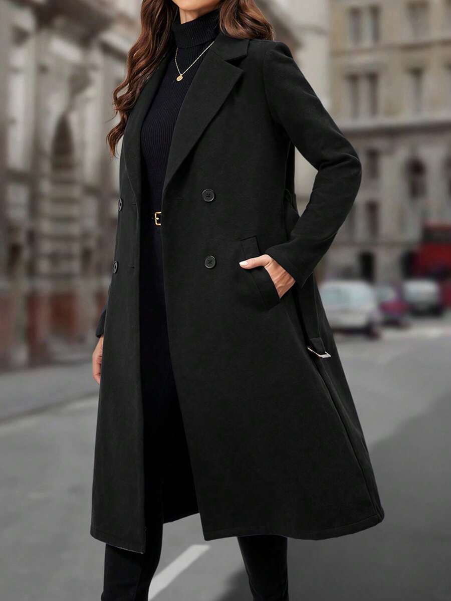 EMERY ROSE Plus Size Women's Winter Solid Color Notched Lapel Long Sleeve Double Breasted Pocket Elegant Woolen Winter Women Coat Coat - Black - View 1