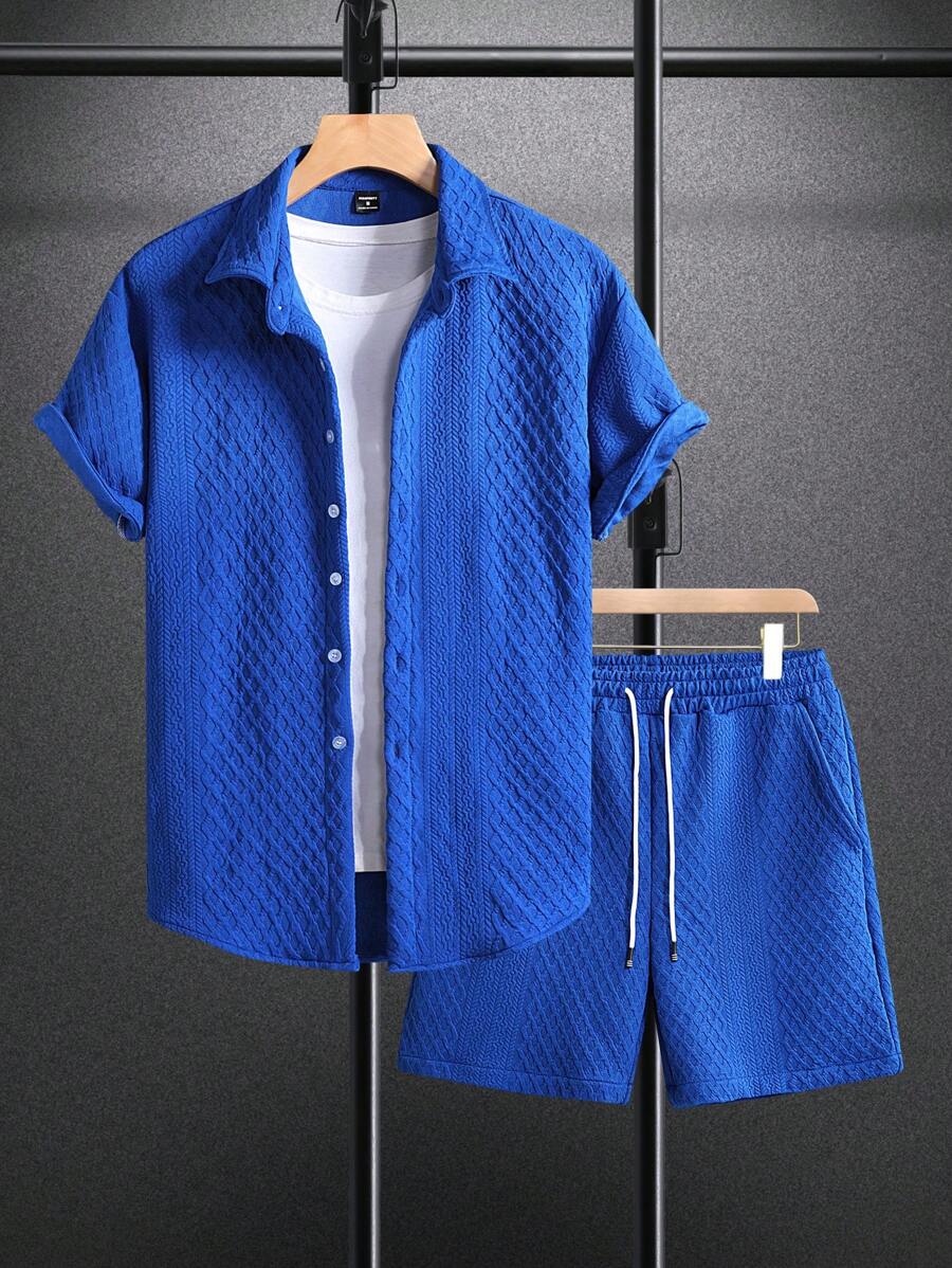 Manfinity Homme 男士度假休闲风格提花针织短袖衬衫和短裤套装，适合夏威夷海滩度假、音乐节和日常穿着。送给男朋友或老公的绝佳礼物，舒适装扮 - 寶藍色 - 查看 1