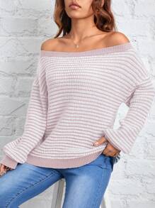 SHEIN LUNE Women's Casual Striped Pattern Drop Shoulder Loose Lantern Sleeve Sweater,Long Sleeve Tops In Fall/Winter - Multicolor - View 4