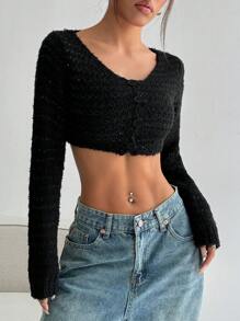 SHEIN Unity Women's Casual Simple Solid Color Button Front Cropped Cardigan, Autumn/Winter Fall Cloth For Women - Black - View 6