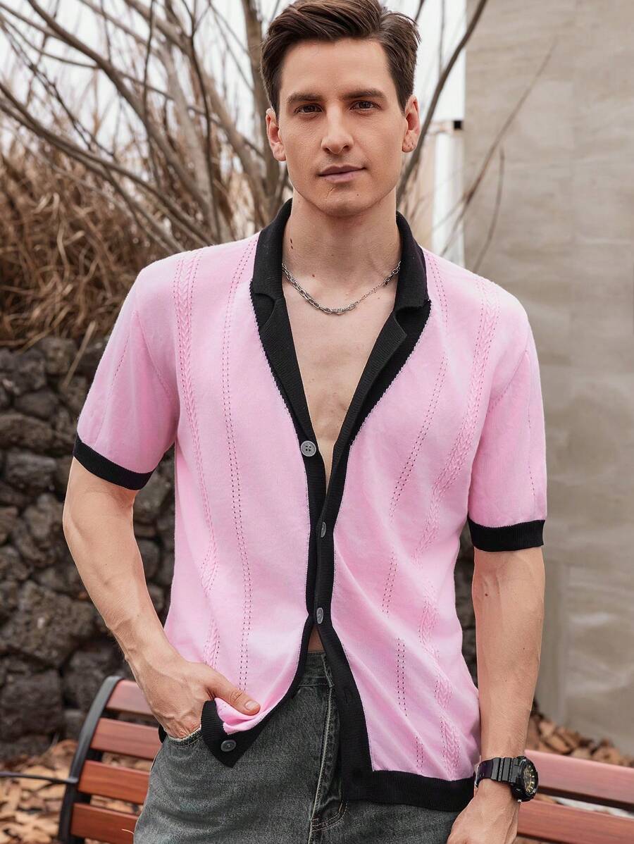 Manfinity Homme Camisa de punto de manga corta casual de hombre con colorblock y parches - Rosa - Ver 1