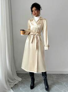 Selianne Lapel Shiny Long Sleeve Cinched Waist Waist Women Trench Coat Fall Cloth For Women - Gold - View 3