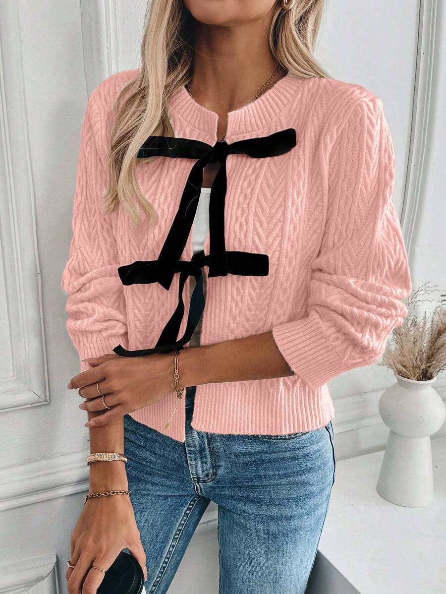 SHEIN Unity Women's Front Tie Long Sleeve Casual Blouse, Simple Design For Daily Wear Fall Cloth For Women - Pink - View 1