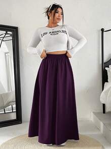 SHEIN EZwear Plus Size Plain Pleated Minimalist A-Line Casual Skirt