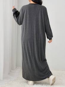 Mulvari Plus Size Color Block Letter Graphic Long Casual Dress, Autumn - Dark Grey - View 2
