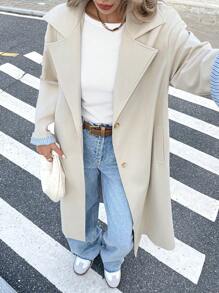 SHEIN Frenchy Women's Casual Lapel Dropped Shoulder Long Sleeve Single-Breasted Long Trench Coat For Autumn,Women Button-Up Short Collar Trench Coat,Prom Ball/Uni/Halloween/Patterned Sweater/Patch/Schoolwear For Women/Halloween Sweater/Essentials/Christmas/Women's Office Attire/Basic/Cute,For Autumn & Winter Brown