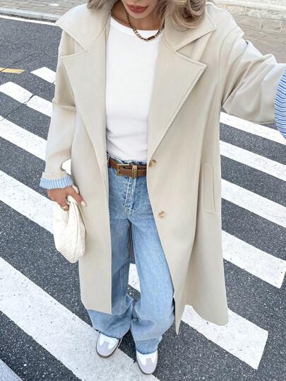 SHEIN Frenchy Women's Casual Lapel Dropped Shoulder Long Sleeve Single-Breasted Long Trench Coat For Autumn,Women Button-Up Short Collar Trench Coat,Prom Ball/Uni/Halloween/Patterned Sweater/Patch/Schoolwear For Women/Halloween Sweater/Essentials/Christmas/Women's Office Attire/Basic/Cute,For Autumn & Winter Brown