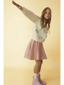 SHEIN Tween Girls 可爱绵羊图案圆领插肩袖长袖休闲毛衣，白色，适合秋冬季 - 米色 - 查看 3