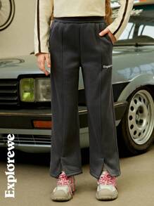 SHEIN 2pcs Girl Teenage Wide Leg Sweatpants, Letter Print, Split Hem, Casual Sports Loose Fleece Pants - Multicolor - View 11