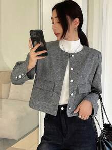 DAZY Women's Elegant Solid Color Single-Breasted Pocket Short Jacket, Suitable For Autumn/Winter,Fall Women Clothes - Grey - View 9