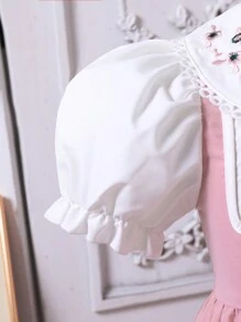 年轻女孩优雅公主学院风格撞色边刺绣彼得潘领泡泡袖二合一方领高低连衣裙，适合夏季、学校、返校、派对、表演、家庭聚会、度假、夏季、旅行 - 彩色 - 查看 3