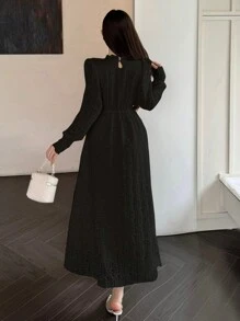 DAZY 女士加厚保暖内衬蕾丝边长款白色连衣裙，秋季连衣裙，保暖内衬 - 黑色 - 查看 5