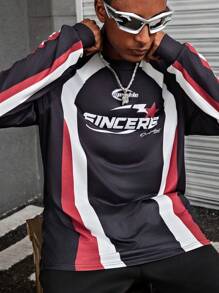 Manfinity Dauomo Men's Round Neck Long Sleeve Solid Color Patchwork Letter Print Casual T-Shirt