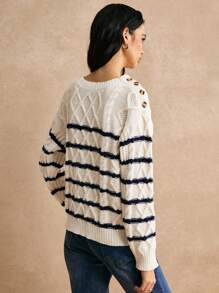 Poéselle 女士条纹印花圆领长袖套头衫，2024 秋冬，冬装，蓬松，优雅女士，商务女士服装 - 黑與白 - 查看 5