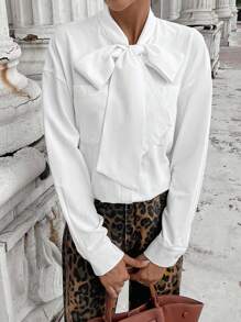 SHEIN LUNE 女士休闲纯色围巾领蝴蝶结长袖衬衫，基本款秋冬日常穿着 - 白色 - 查看 4