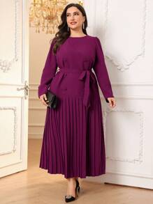 Modelyn Plus Size Elegant Solid Color Puff Sleeve Pleated Hem Dress, Autumn & Winter Long Evening Dresses