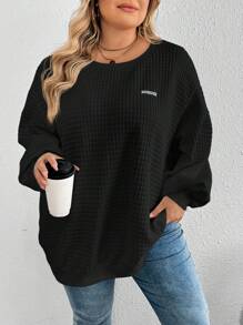 SHEIN CURVE+ Curve Plus Letter Patch Detail Drop Shoulder Sweatshirt Winter Fall Autumn - Black - View 1