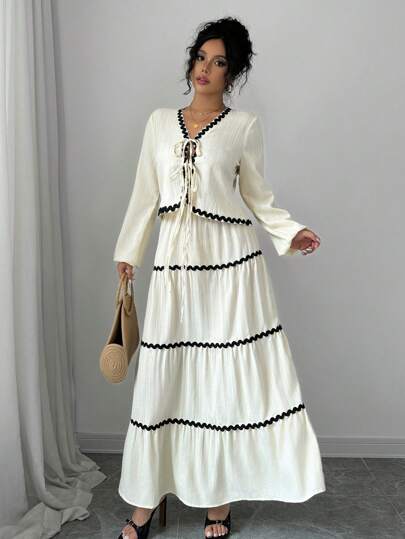 Rafferiza 2pcs/Set Elegant French-Style Lantern Sleeve Ruffled Bowknot Dress & Skirt Fall Cloth For Women