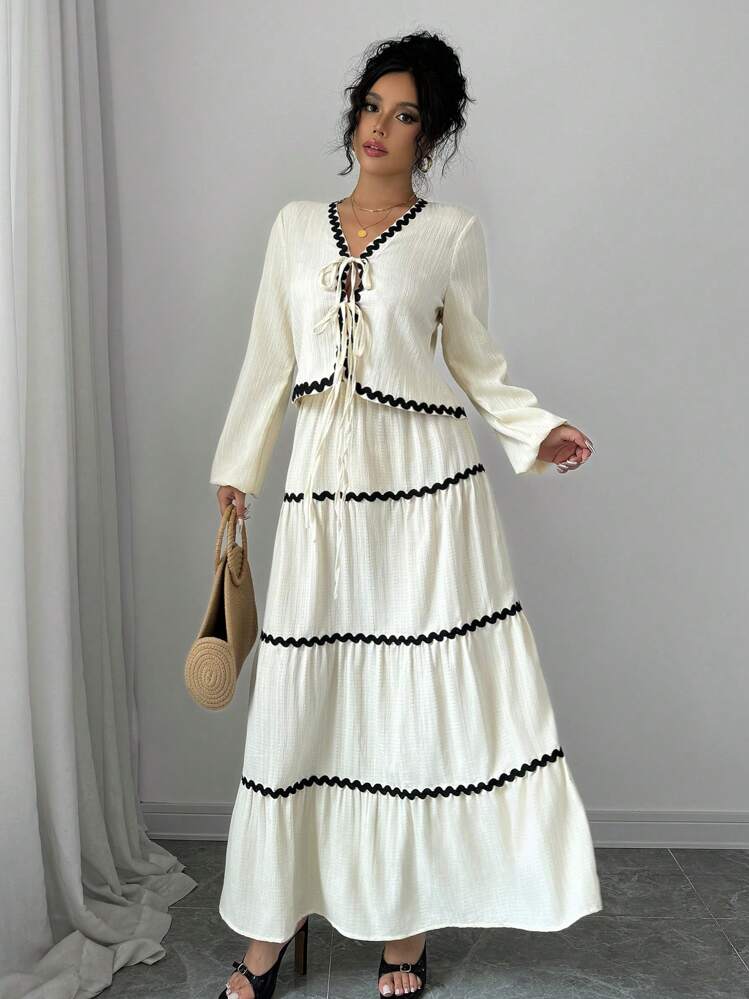 SHEIN Raffinéa 2pcs/Set Elegant French-Style Lantern Sleeve Ruffled Bowknot Dress & Skirt Fall Cloth For Women - Apricot - View 7