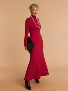 SHEIN LUNE 女士休闲高领长袖红色连衣裙 - 酒紅色 - 查看 5