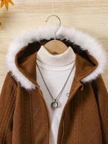 SHEIN Young Girl Autumn Diamond Pattern Zipper Up Hooded Jacket - Brown - View 7