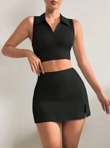 Conjunto de ropa deportiva de verano para mujer que incluye top sin mangas con cuello polo de unicolor y falda short con cintura elástica y abertura lateral