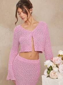 L'Amorae Solid Single Button Front Flare Sleeve Crop Cardigan - Dusty Pink - View 1