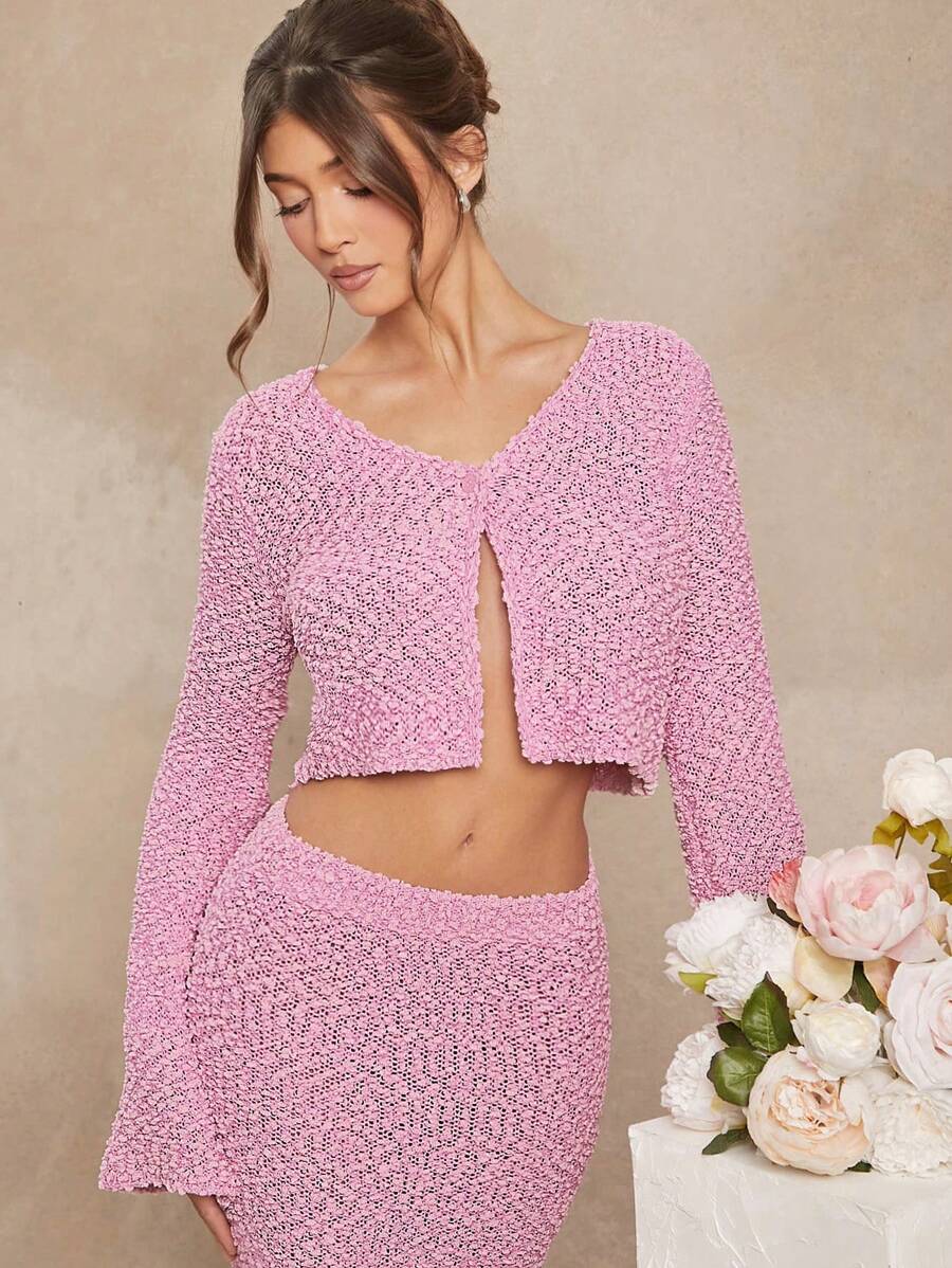 L'Amorae Solid Single Button Front Flare Sleeve Crop Cardigan - Dusty Pink - View 1