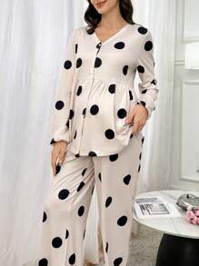 Moonlight&Mama 2pcs/Set Dot Print Long Sleeve Casual Maternity Pajama Set, Fall Winter Clothes - Multicolor - View 3