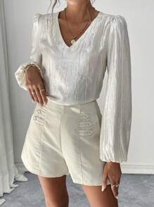 Chiquease Solid V-Neck Lantern Sleeve Elastic Fit Women Blouse - Apricot - View 6