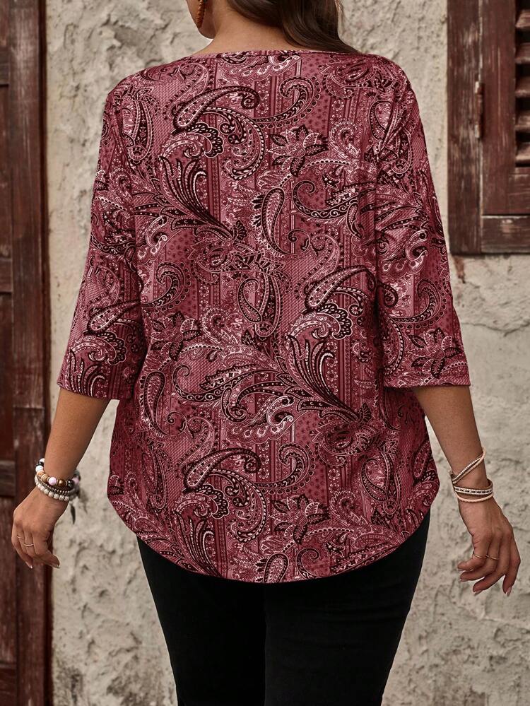 Plus Size Paisley Pattern Button Up Casual T-Shirt