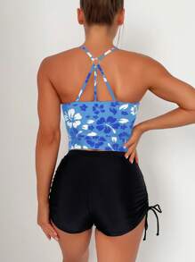 Swim Lushoire 夏季海滩花卉印花抽绳侧吊带比基尼套装