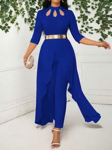 SHEIN Lady Mono elegante de mujer con diseño de corte de pétalos blanco, mangas medias y bajo asimétrico