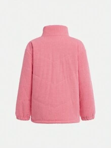 SHEIN 女孩纯色简约纹理羊毛格子弹力领时尚运动夹棉外套 - 淡紫色 - 查看 2