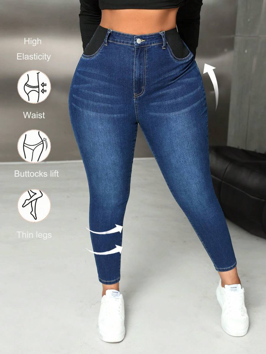 SHEIN Lady Jeans aderenti da donna taglie forti, jeans elasticizzati blu scuro, pantaloni da uscire per donna, collant da donna, pantaloni in jeans da donna, pantaloni autunnali, pantaloni in denim, abbigliamento autunnale per la cerimonia di congedamento - Blu lavato scuro - Visualizzare 1