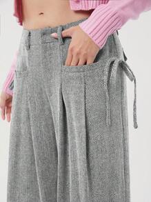 SHEIN EZwear Damenhose mit Fischgratmuster aus Wolle, weite Beine mit Schleife an den Seitentaschen, locker-lässig für Herbst und Winter - Grau - Übersicht 6