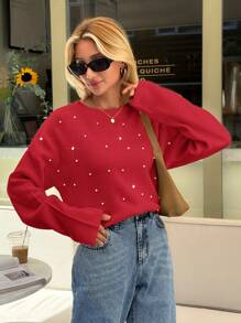EURMUSE Woman Loose Fit Comfy Warm Rhinestones Detailed Sweater - Red - View 5
