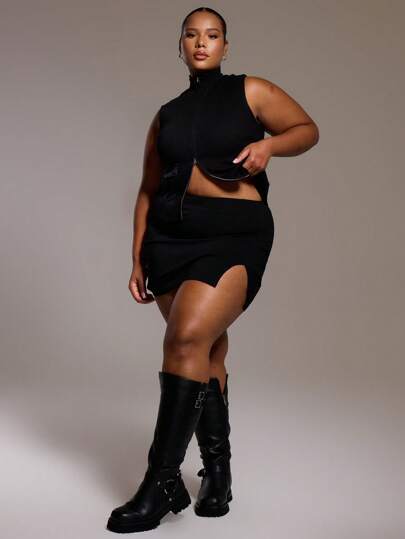 MUSERA Plus Size Knitted Sleeveless Pocket Detail High Neck Sweater Vest For Streetwear, Street Style, Casual, Cool Girl, Y2K, 2000'S Style Work, Back To School